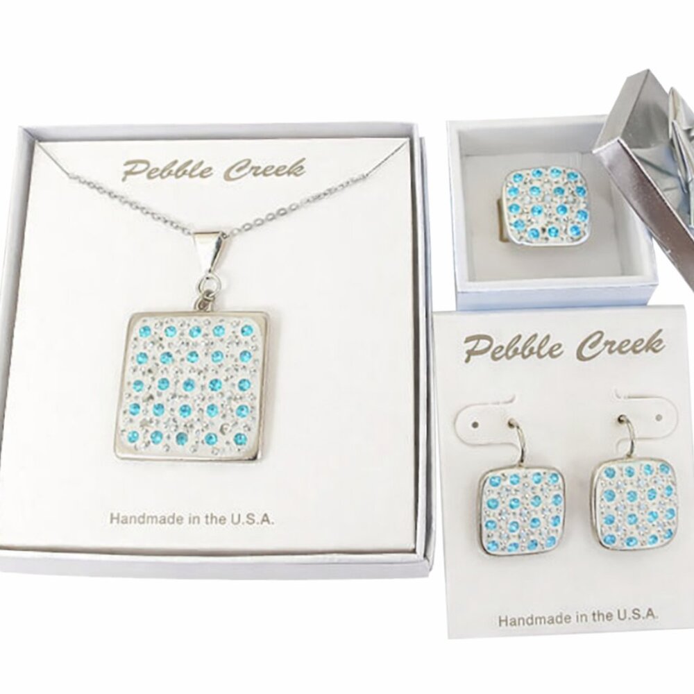 Handcrafted Swarovski Dark Aqua Crystal & Clay Square Pendant Set